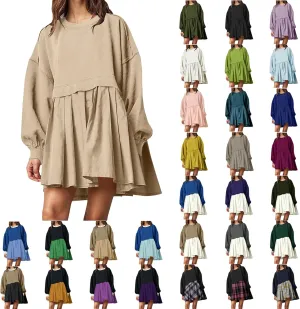 Dresses for Women Oversized Patchwork Sweatshirt Dress Long Sleeve Crewneck Pleated Dress 2024 Fall Fashion Outfits