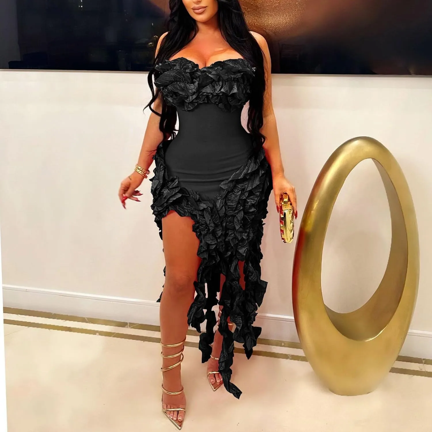 Dresses for Women Sexy Tight Mini Dress Fashion Ruffle Tassels Strapless Evening Prom Soild Gown 2025 New Clothes