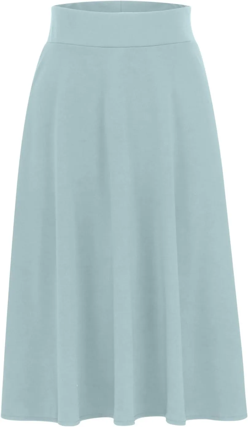 Dressy Office Midi Skirt for Women Solid Baggy Pull On Knee Length Skirts Flowy High Waist Ruffle Flared Skirts