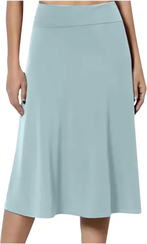 Dressy Office Midi Skirt for Women Solid Baggy Pull On Knee Length Skirts Flowy High Waist Ruffle Flared Skirts