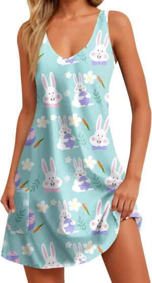 Eastern Dress for Women Cowl Neck Easter Bunny Sun Dresses 2025 Vacation Date Night Floral Festive Easter Eggs Brunch Dresses