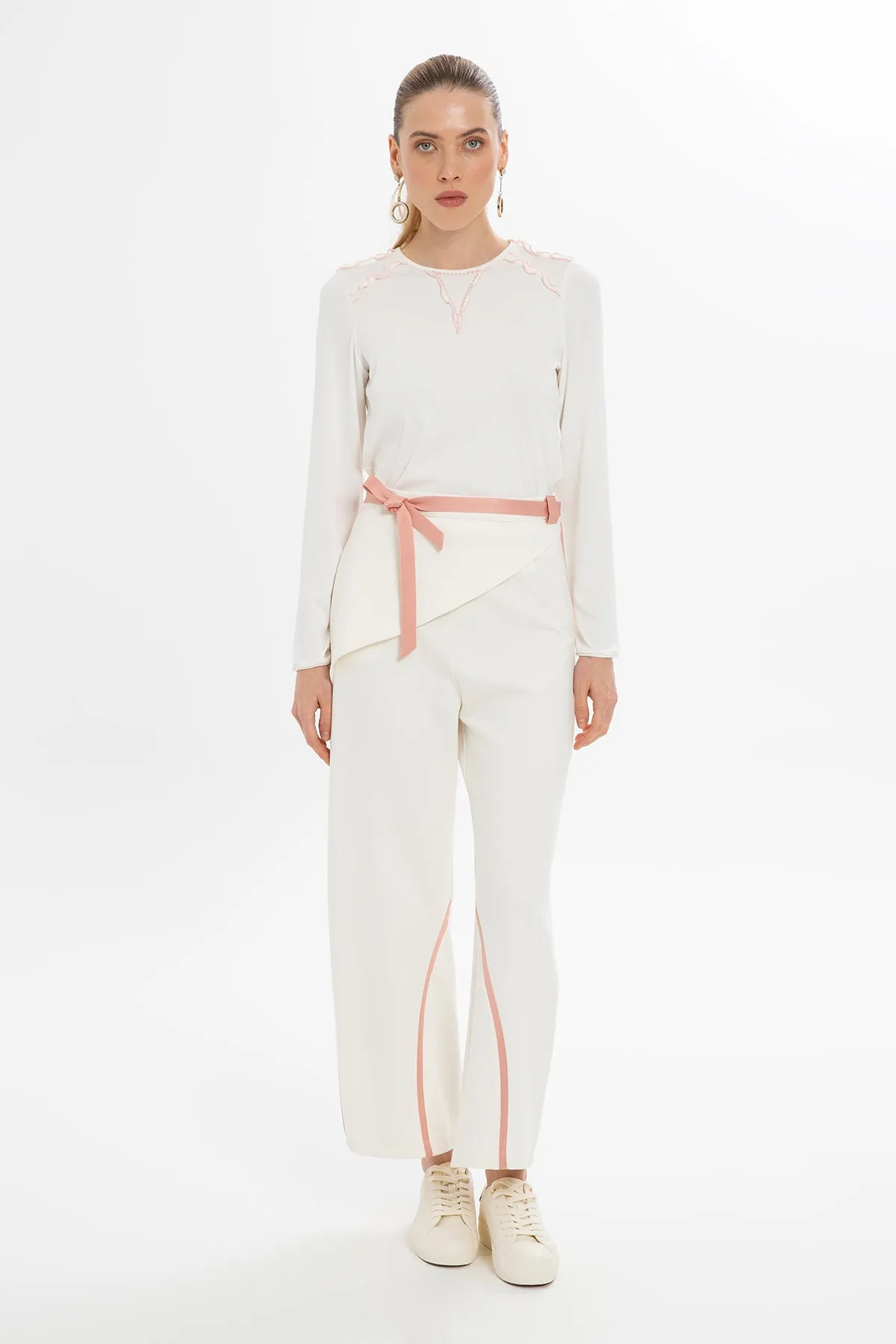 Ecru Relaxed Fit Pants with Asymmetric Detail