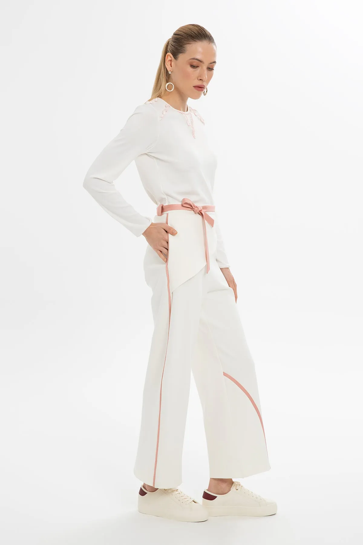 Ecru Relaxed Fit Pants with Asymmetric Detail