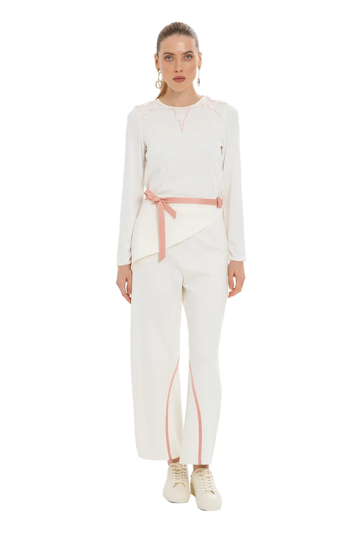 Ecru Relaxed Fit Pants with Asymmetric Detail
