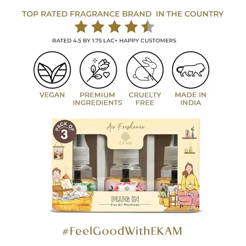 EKAM Mahogany, Rose & Jasmine 45ML Each Pack of 3 Scented Plug-in Air Room Fresheners Refill | Premium Fragrances | Used for Home Freshener, Room Freshener, Bathroom Freshener, Home Fragrance
