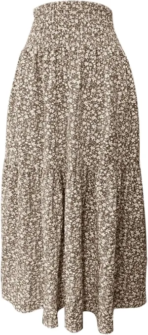 Elastic High Waist Floral Print Boho Maxi Skirt Women Tiered Pleated Flowy Long Summer Beach Skirt