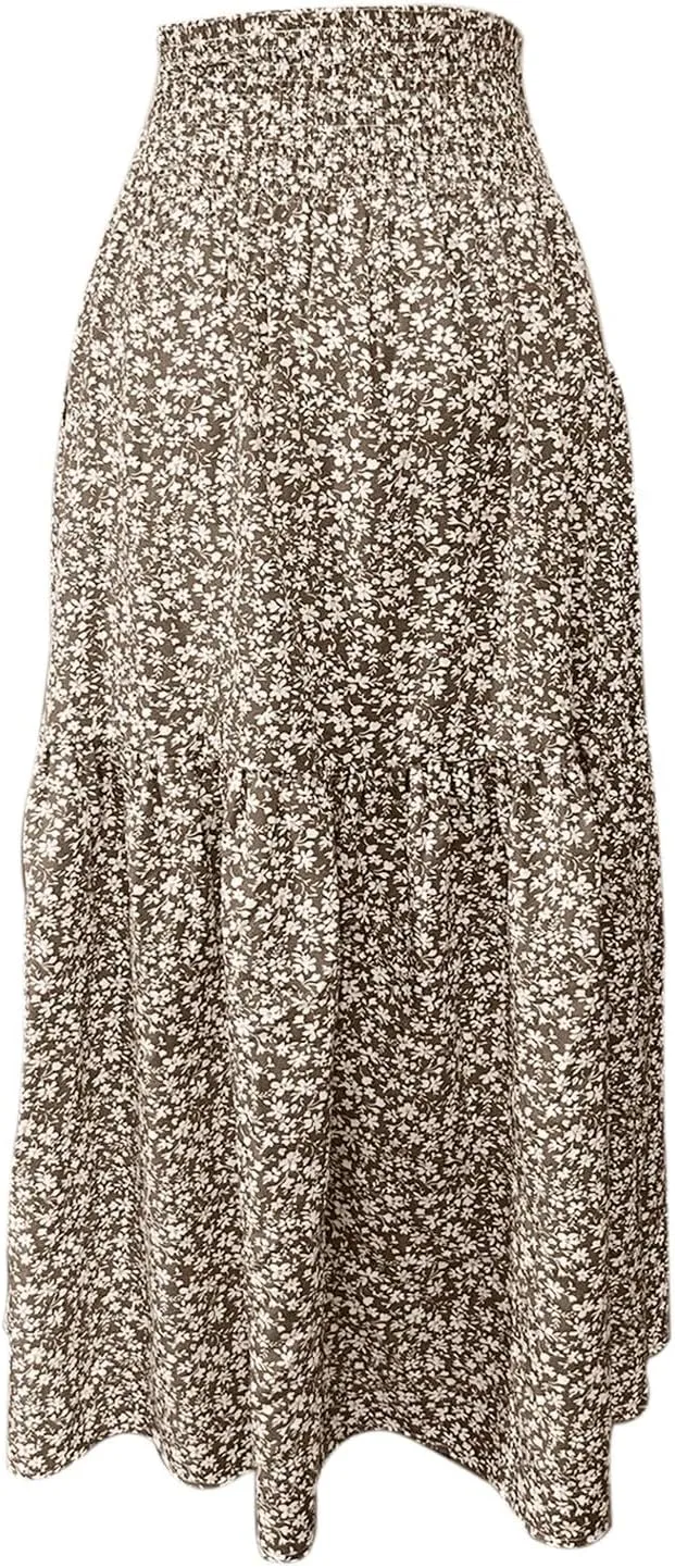 Elastic High Waist Floral Print Boho Maxi Skirt Women Tiered Pleated Flowy Long Summer Beach Skirt