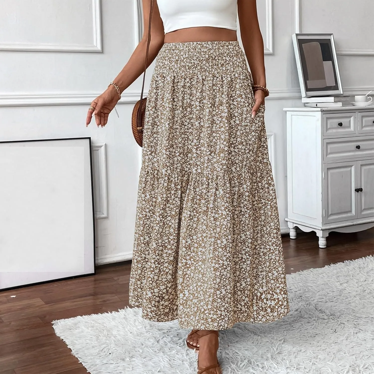 Elastic High Waist Floral Print Boho Maxi Skirt Women Tiered Pleated Flowy Long Summer Beach Skirt