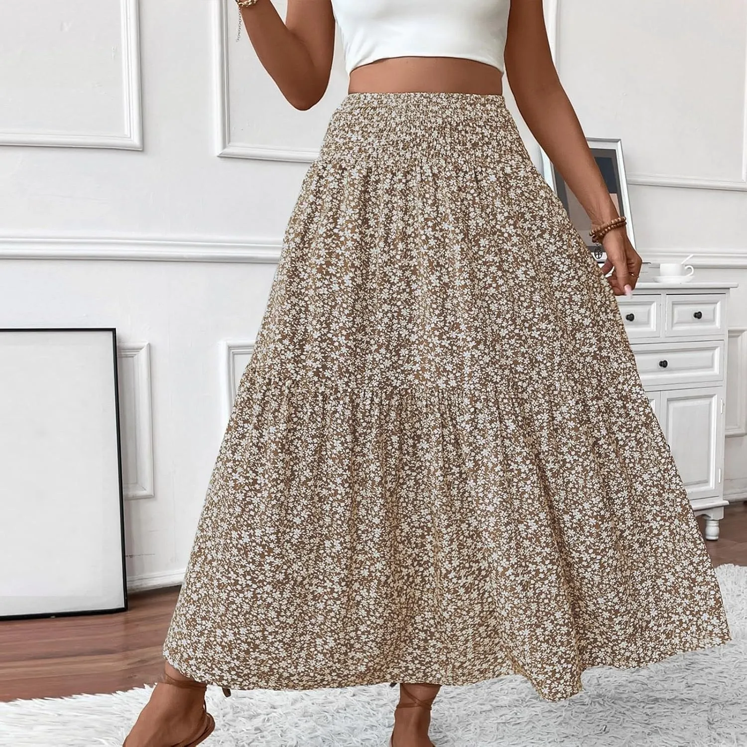 Elastic High Waist Floral Print Boho Maxi Skirt Women Tiered Pleated Flowy Long Summer Beach Skirt