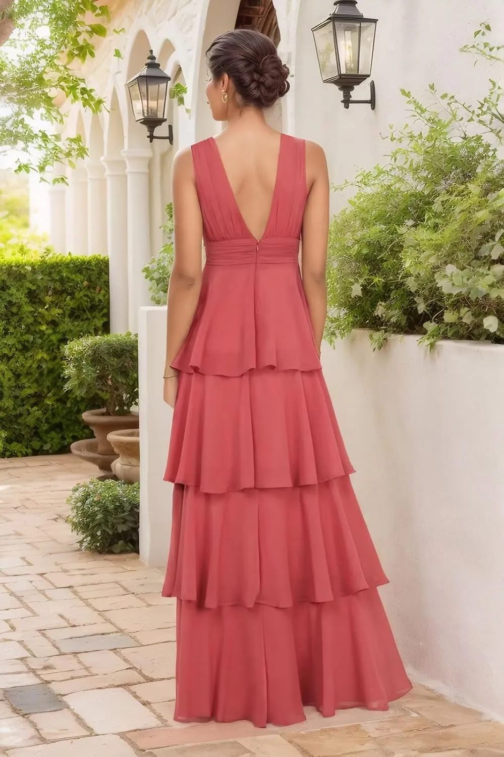 Elegant Bridesmaid Dresses for Women Deep V Neck Tiered A Line Flowy Chiffon Long Prom Dress Formal Gown