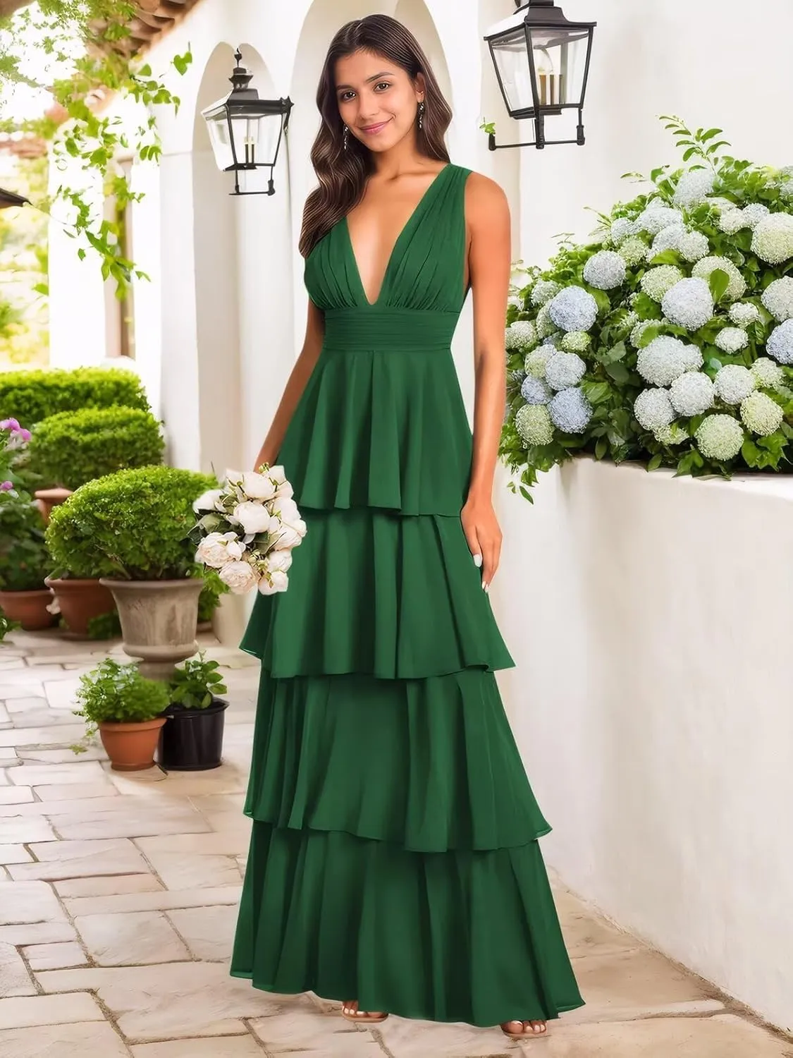 Elegant Bridesmaid Dresses for Women Deep V Neck Tiered A Line Flowy Chiffon Long Prom Dress Formal Gown