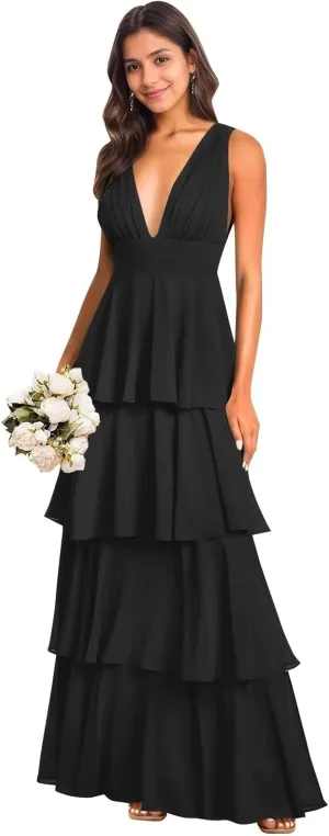 Elegant Bridesmaid Dresses for Women Deep V Neck Tiered A Line Flowy Chiffon Long Prom Dress Formal Gown