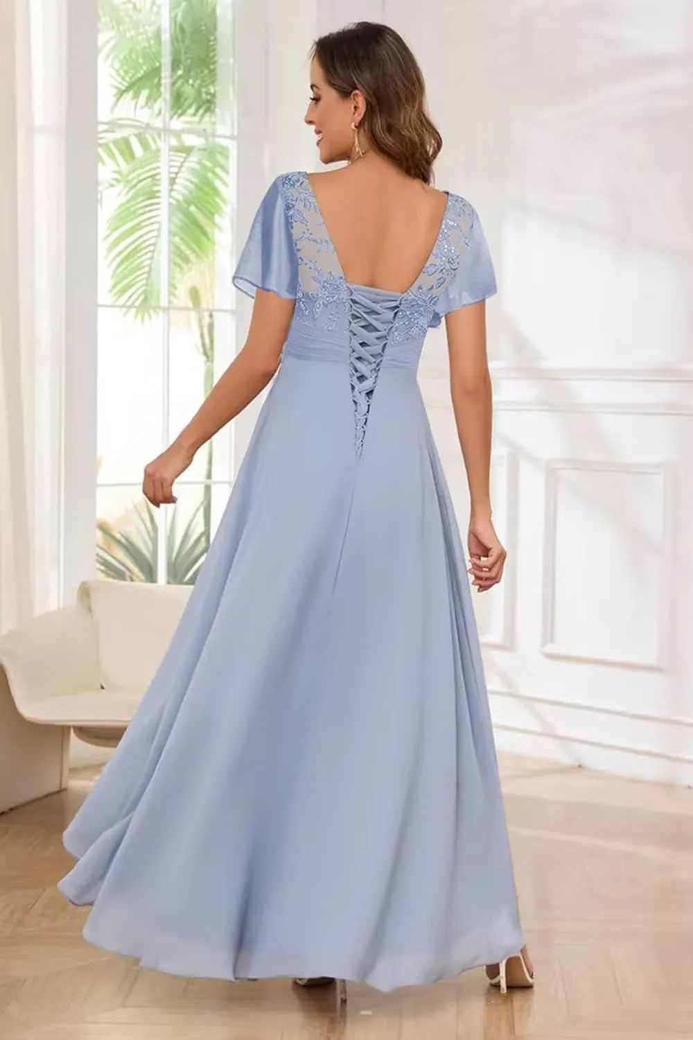 Elegant Mother of The Bride Dresses for Wedding Short Sleeve Lace Chiffon Formal Evening Dress