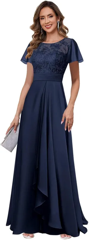 Elegant Mother of The Bride Dresses for Wedding Short Sleeve Lace Chiffon Formal Evening Dress