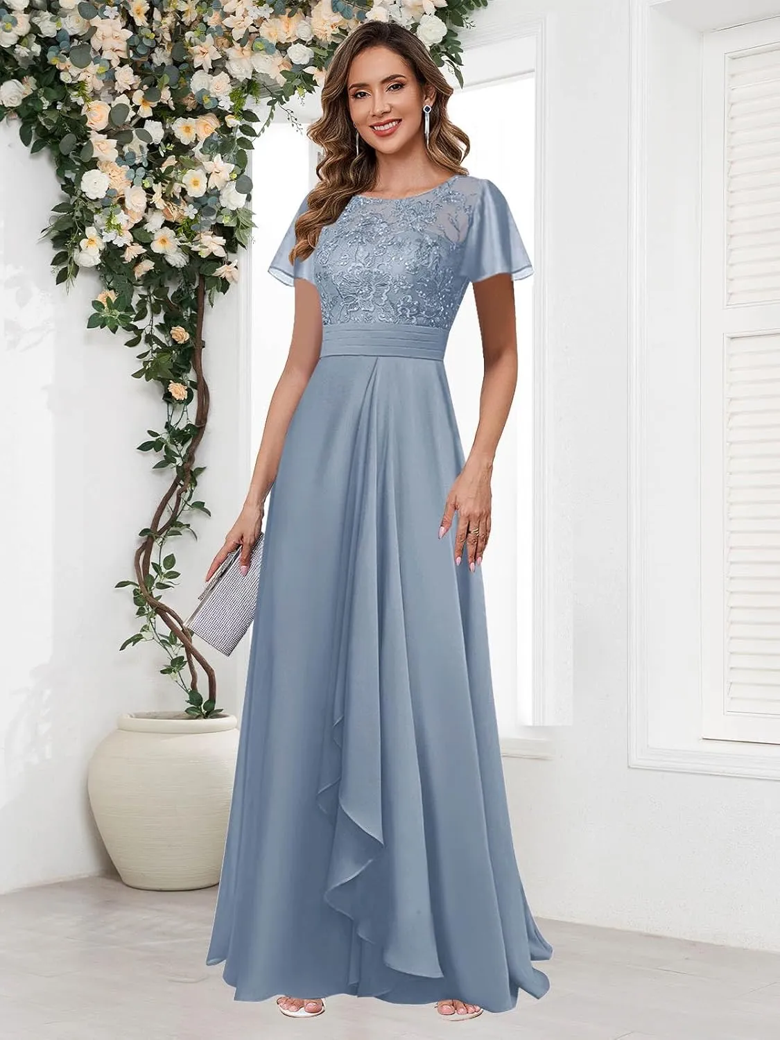 Elegant Mother of The Bride Dresses for Wedding Short Sleeve Lace Chiffon Formal Evening Dress