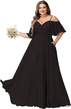 Elegant Women Plus Size Bridesmaid Dresses 2025 with Slit Cold Shoulder Chiffon Formal Party Dresses with Pockets RO020