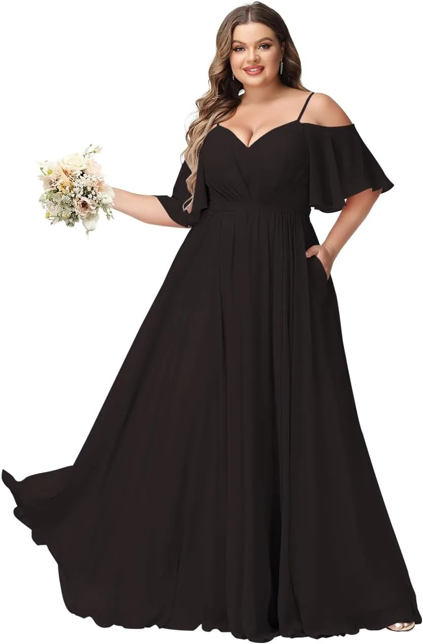 Elegant Women Plus Size Bridesmaid Dresses 2025 with Slit Cold Shoulder Chiffon Formal Party Dresses with Pockets RO020