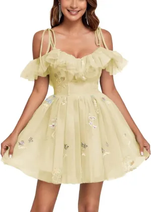 Embroidery Floral Homecoming Dresses for Teens Off Shoulder Ruffle Flower Tulle Short Prom Dress