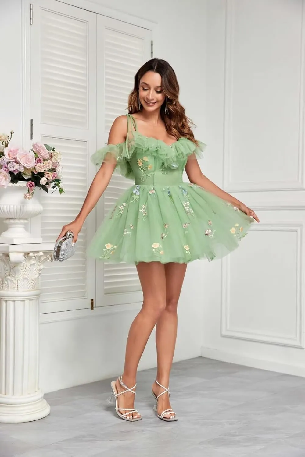 Embroidery Floral Homecoming Dresses for Teens Off Shoulder Ruffle Flower Tulle Short Prom Dress