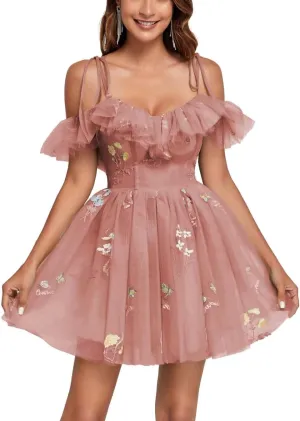 Embroidery Floral Homecoming Dresses for Teens Off Shoulder Ruffle Flower Tulle Short Prom Dress