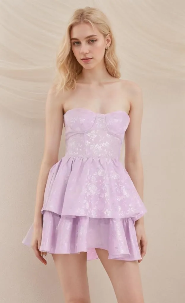 Embroidery Satin Short Homecoming Dress for Teens Straplesss Tiered Mini Prom Party Cocktial Gowns with Tie Back