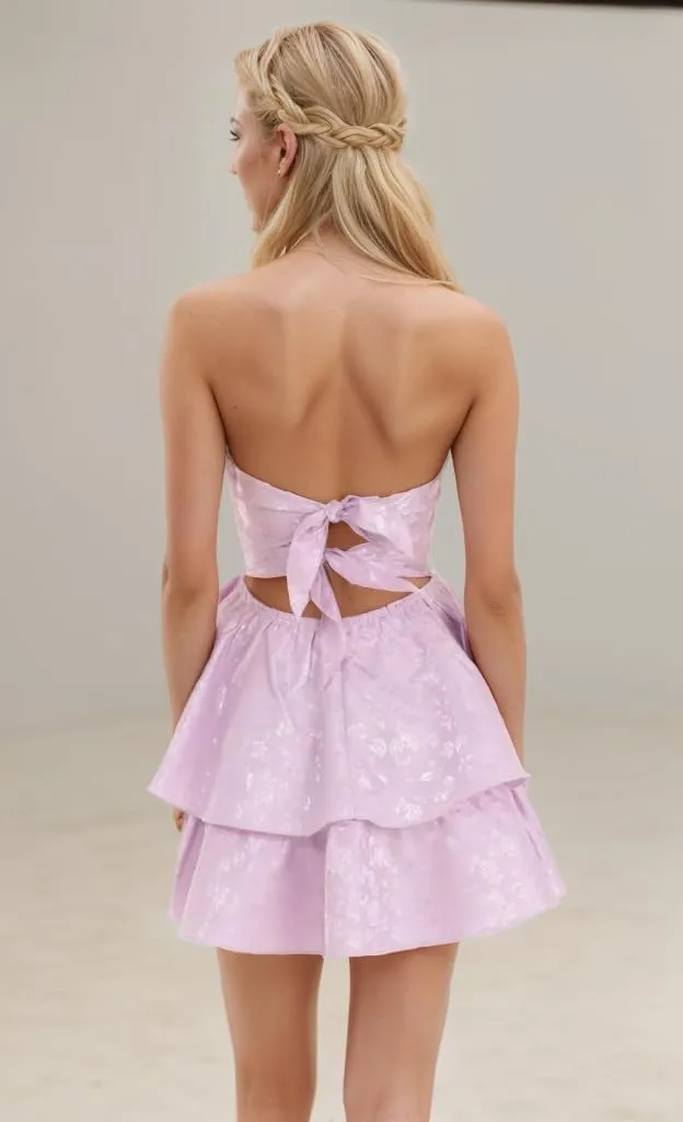 Embroidery Satin Short Homecoming Dress for Teens Straplesss Tiered Mini Prom Party Cocktial Gowns with Tie Back