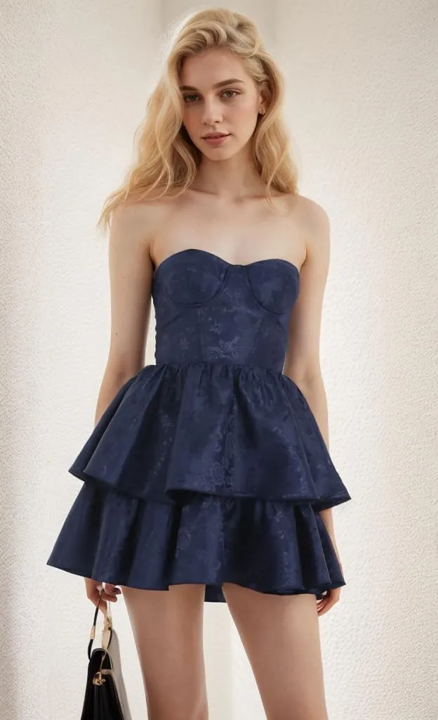 Embroidery Satin Short Homecoming Dress for Teens Straplesss Tiered Mini Prom Party Cocktial Gowns with Tie Back