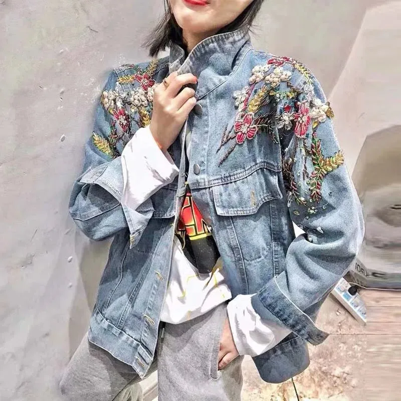 Emmaline Hand Beaded Sequins Floral Embroidered Denim Jackets