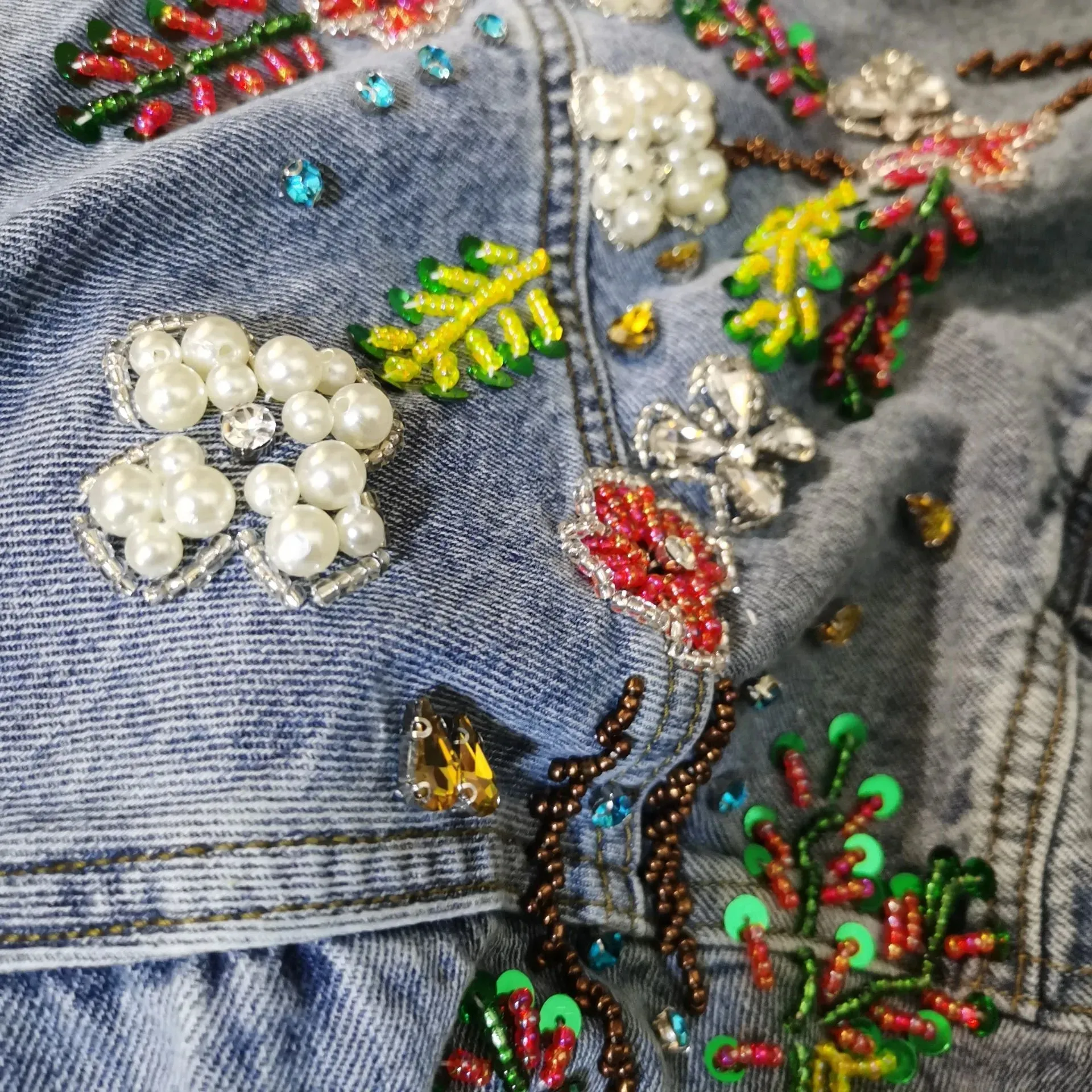 Emmaline Hand Beaded Sequins Floral Embroidered Denim Jackets