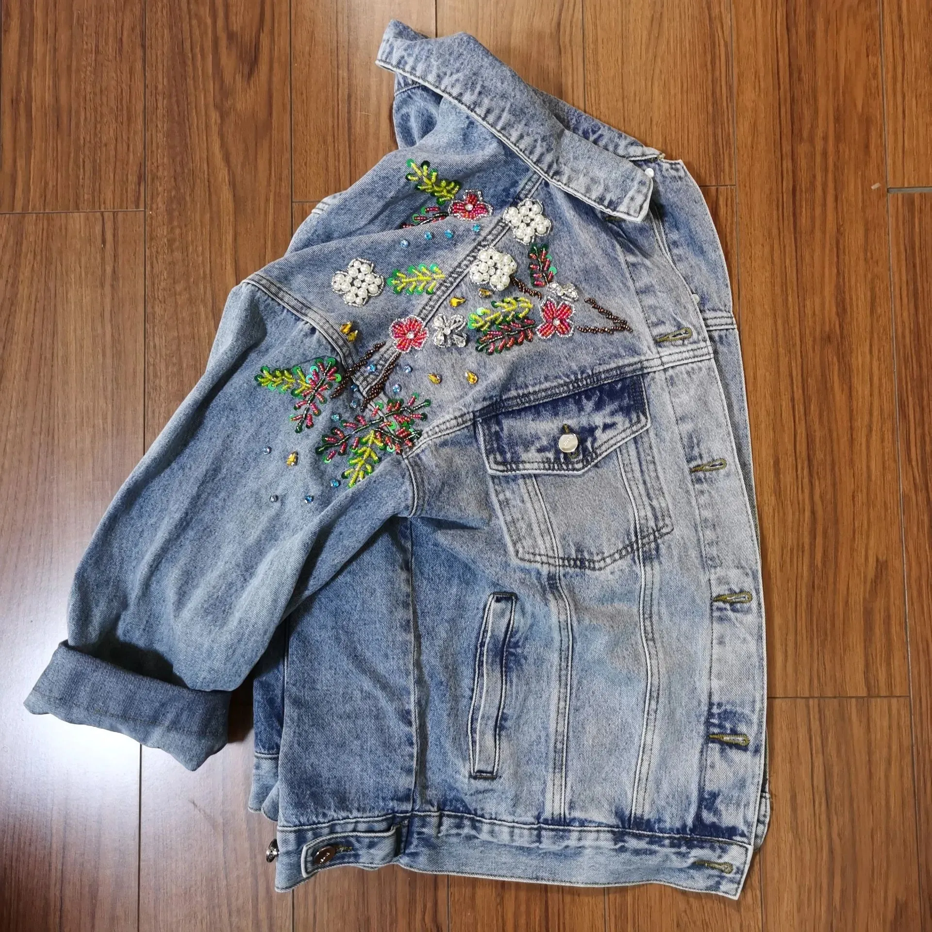 Emmaline Hand Beaded Sequins Floral Embroidered Denim Jackets