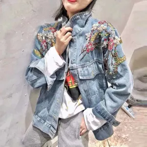 Emmaline Hand Beaded Sequins Floral Embroidered Denim Jackets