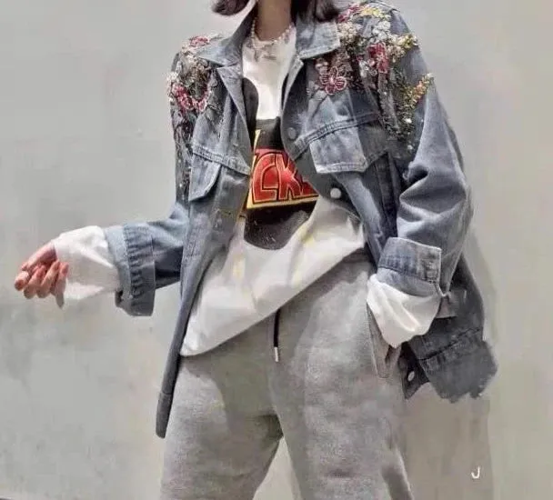 Emmaline Hand Beaded Sequins Floral Embroidered Denim Jackets