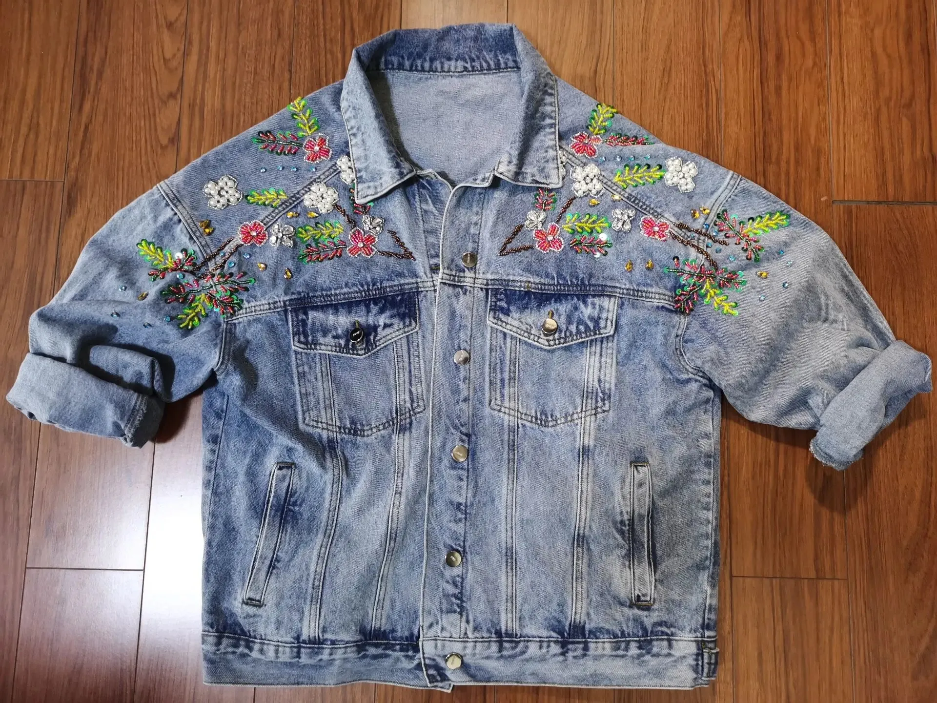 Emmaline Hand Beaded Sequins Floral Embroidered Denim Jackets