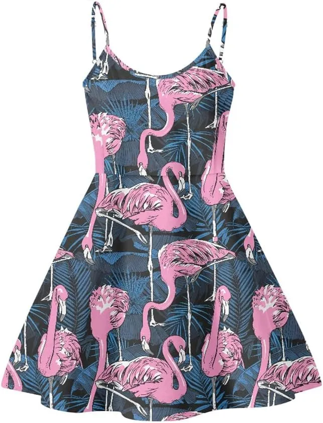 ENLACHIC Women's Summer Flamingo Printed Sleeveless Sundress Adjustable Strap A Line Swing Midi Dress