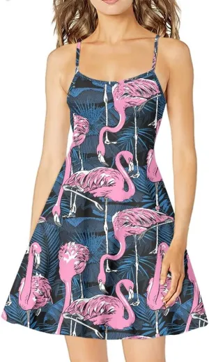 ENLACHIC Women's Summer Flamingo Printed Sleeveless Sundress Adjustable Strap A Line Swing Midi Dress