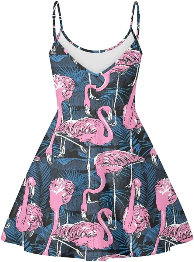 ENLACHIC Women's Summer Flamingo Printed Sleeveless Sundress Adjustable Strap A Line Swing Midi Dress