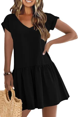 ETCYY NEW Summer Dresses for Women Rolled Short Sleeve Mini Dress Casual Beach V Neck Flowy Sundresses