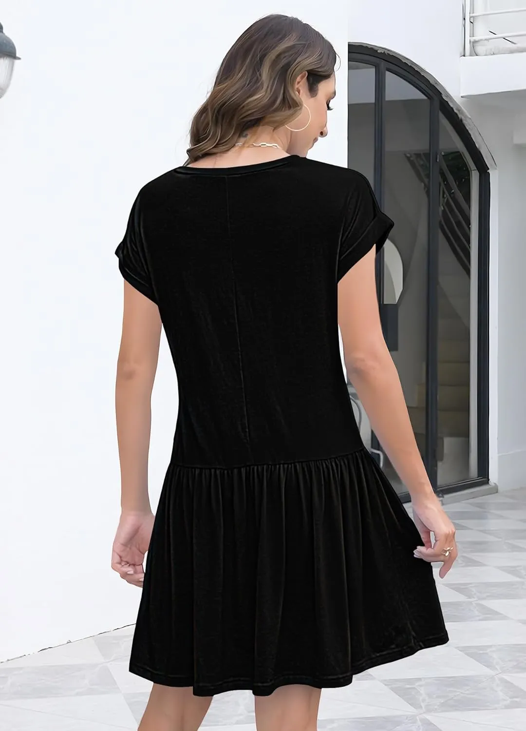 ETCYY NEW Summer Dresses for Women Rolled Short Sleeve Mini Dress Casual Beach V Neck Flowy Sundresses