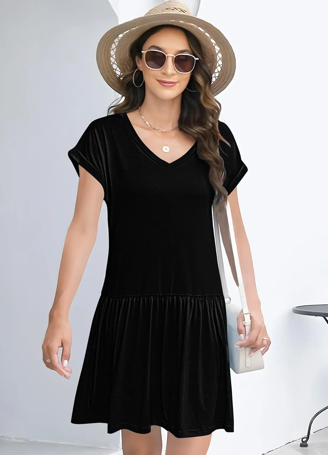 ETCYY NEW Summer Dresses for Women Rolled Short Sleeve Mini Dress Casual Beach V Neck Flowy Sundresses
