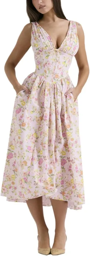 Eternatastic Women's V-Neck Sleeveless Floral Midi Dress for Wedding Party Ladies Beach Sundress with Pockets