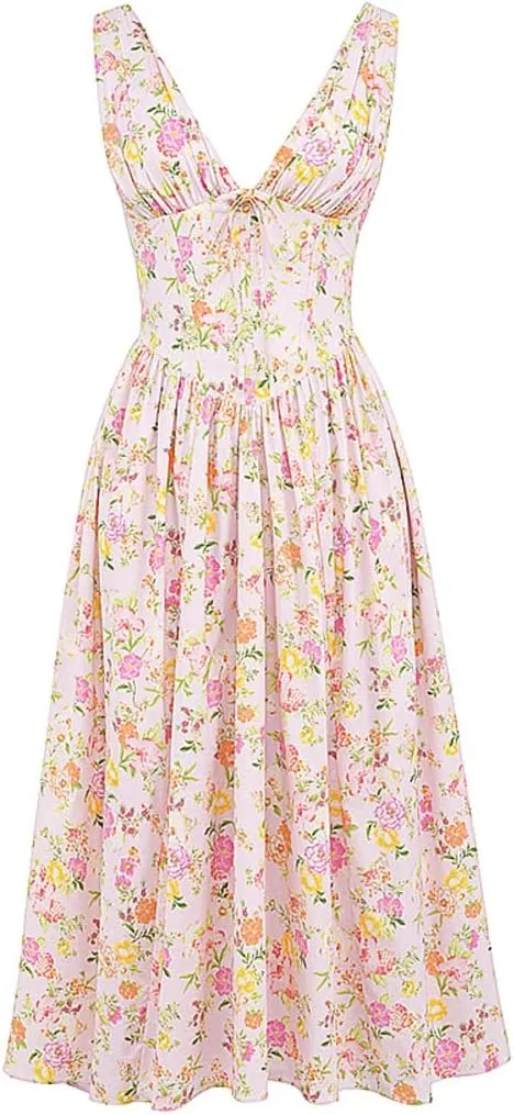Eternatastic Women's V-Neck Sleeveless Floral Midi Dress for Wedding Party Ladies Beach Sundress with Pockets