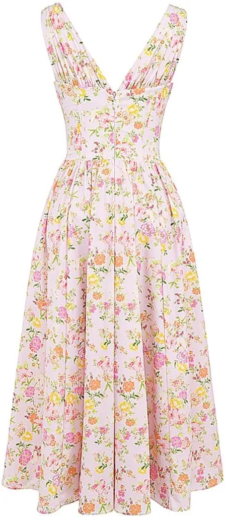 Eternatastic Women's V-Neck Sleeveless Floral Midi Dress for Wedding Party Ladies Beach Sundress with Pockets