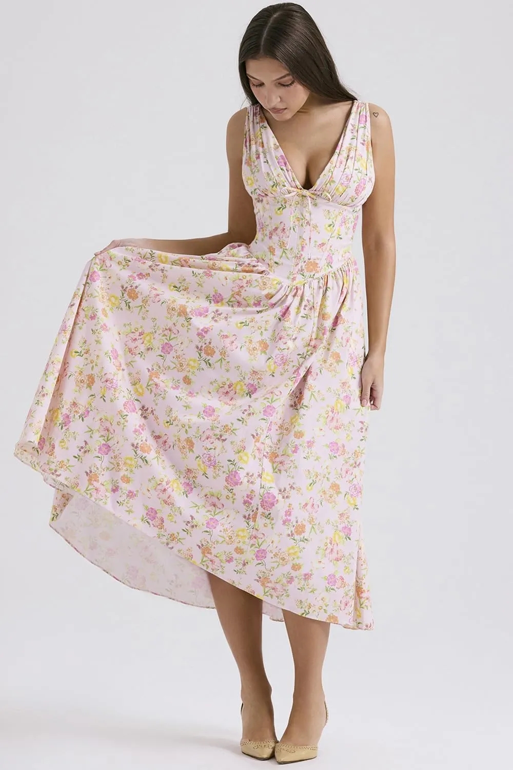 Eternatastic Women's V-Neck Sleeveless Floral Midi Dress for Wedding Party Ladies Beach Sundress with Pockets