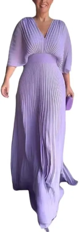Evening Maxi Dresses for Women 2024 Batwing Sleeve V Neck High Waist Pleated Long Sundress Flowy Formal Dress