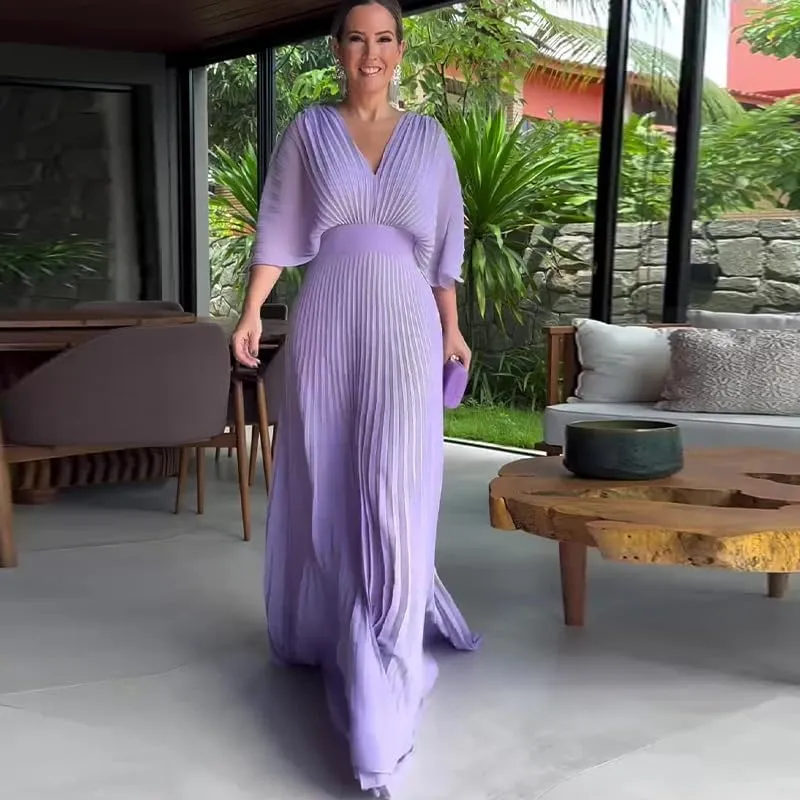 Evening Maxi Dresses for Women 2024 Batwing Sleeve V Neck High Waist Pleated Long Sundress Flowy Formal Dress