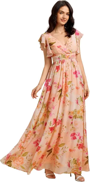 Ever-Pretty Women's Flowy Chiffon A Line Ruffles Sleeves Back Cutout Bridesmaid Dresses 01819
