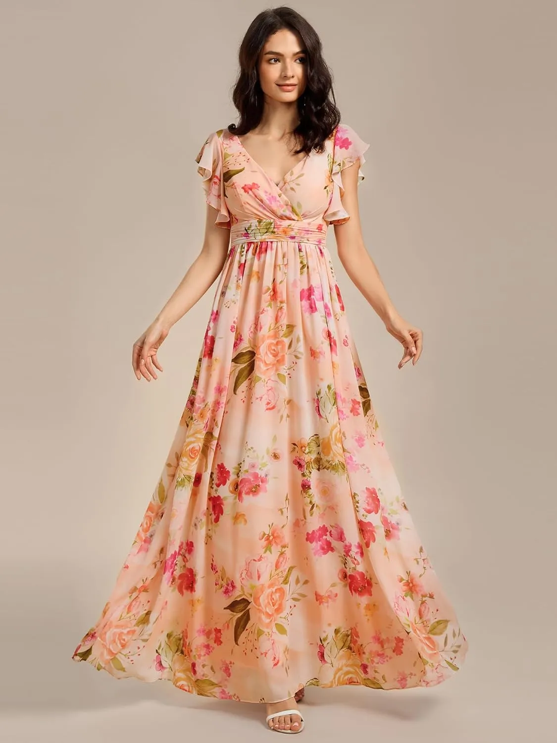 Ever-Pretty Women's Flowy Chiffon A Line Ruffles Sleeves Back Cutout Bridesmaid Dresses 01819