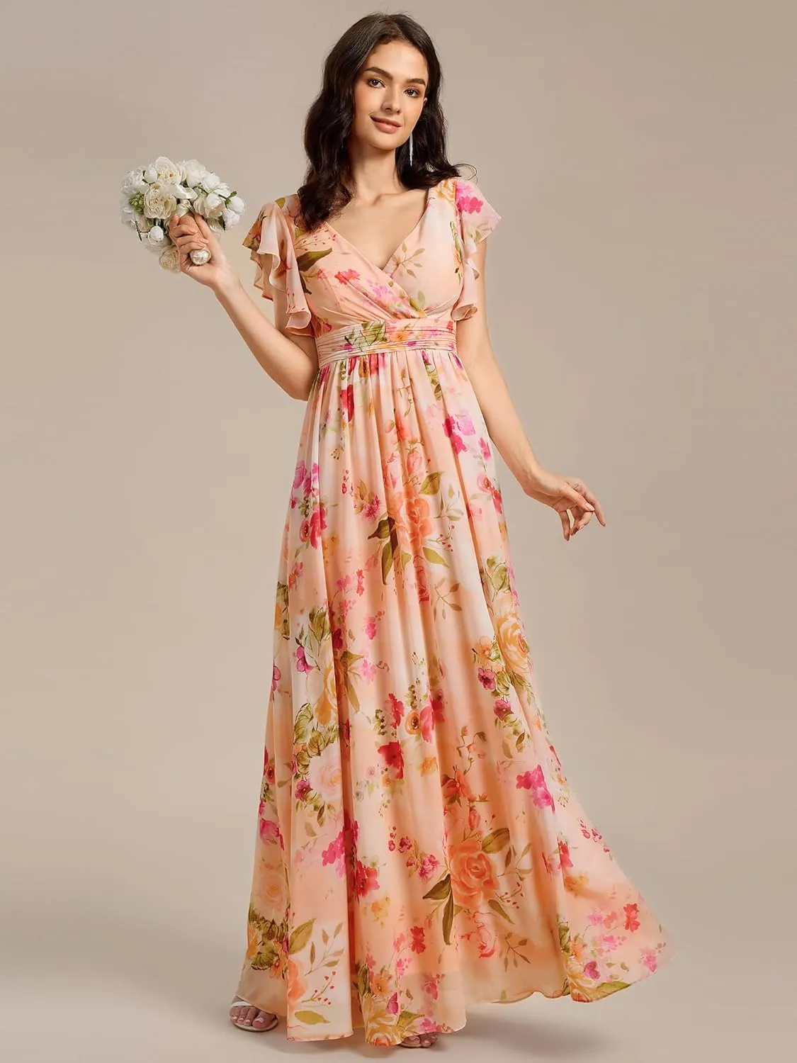 Ever-Pretty Women's Flowy Chiffon A Line Ruffles Sleeves Back Cutout Bridesmaid Dresses 01819
