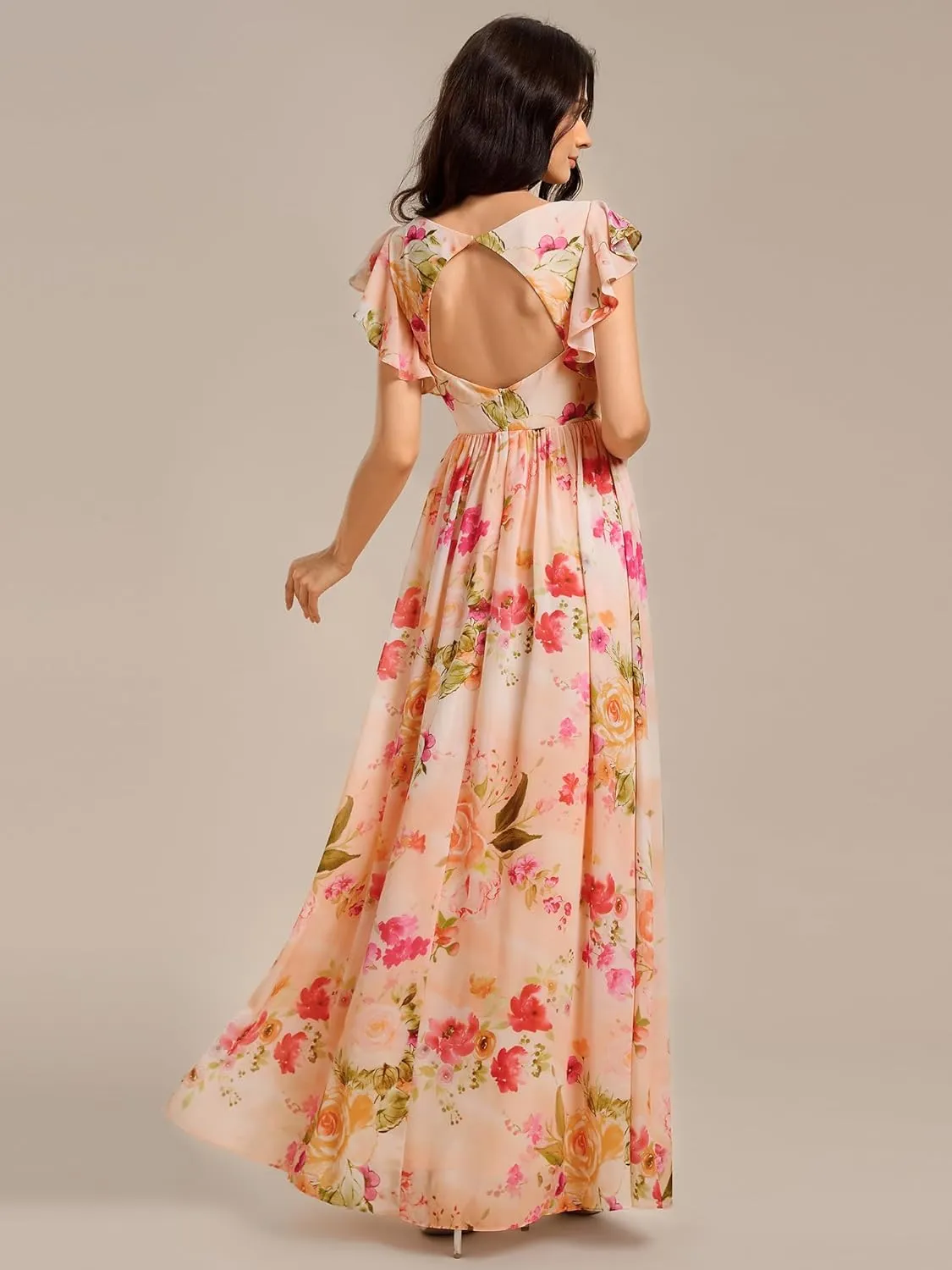 Ever-Pretty Women's Flowy Chiffon A Line Ruffles Sleeves Back Cutout Bridesmaid Dresses 01819