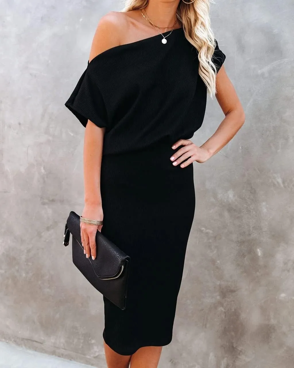 Ezbelle Women's 2025 Summer Dress Off The Shoulder Short Sleeve Ribbed Casual Party Bodycon Midi Dresses